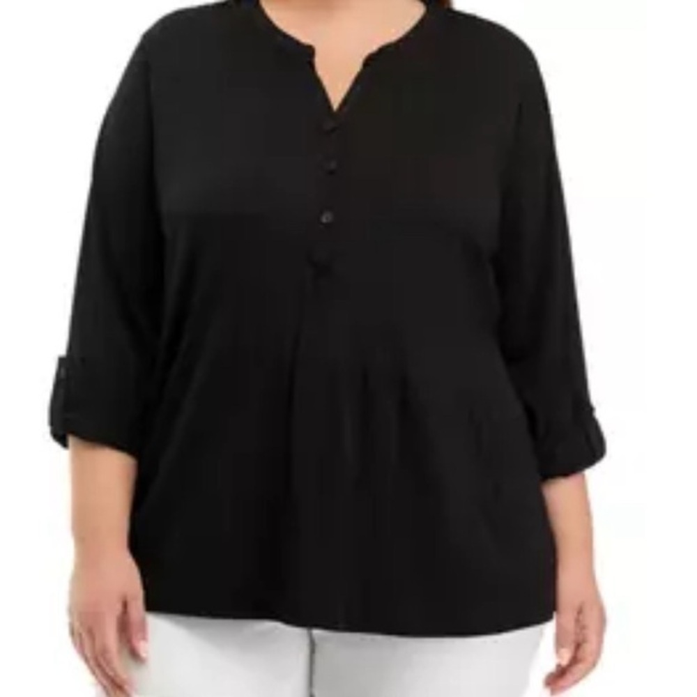 Kim Rogers Roll Tab Sleeve Black Henley Pleated Top Size 1X Blouse